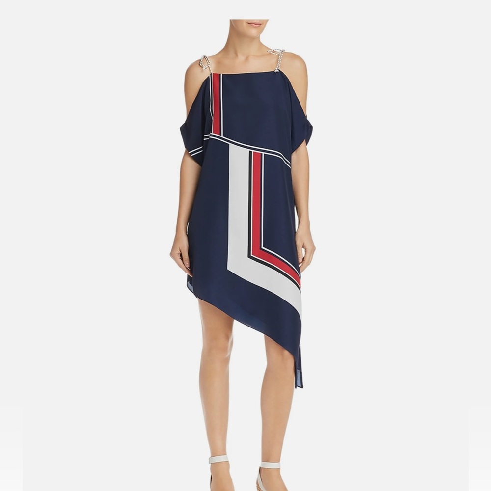 Joie Asymmetrical Ruffled Blue and White Cocktail Dress